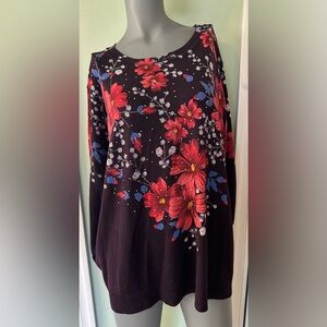 Woman's Cathy Daniels Floral Print Sweater Black Red 3/4 Sleeve Pullover  3X